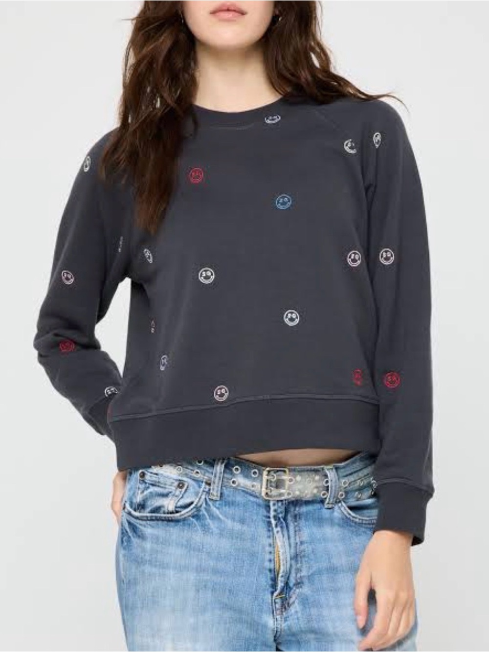 Spiritual Gangster Charcoal Embroidered Smiley Crewneck Sweatshirt